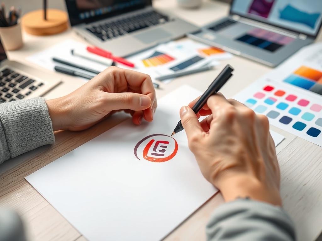 A close-up shot of a designer's hands sketching a logo on a white sheet of paper. The background should be a clean, well-organized workspace with design tools like markers, a laptop, and color swatches. The image should be hyper-realistic and in RGB color format with a focus on a creative and professional atmosphere.