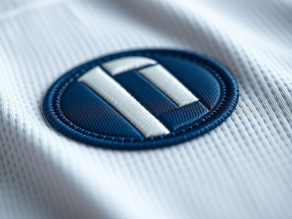 A close-up shot of a high-quality embroidered logo on a sports jersey, highlighting the intricate details and colors. The background should be softly blurred to emphasize the textile quality and craftsmanship. The image should be hyper-realistic and in RGB color format.