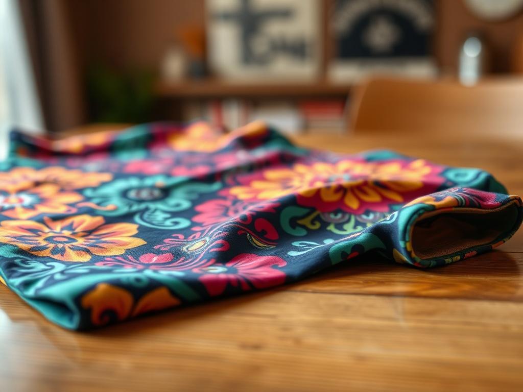 A close-up shot of a beautifully designed custom t-shirt on a wooden table, with vibrant colors and intricate patterns. The background is softly blurred, emphasizing the texture and details of the fabric. The lighting is warm and inviting, showcasing the quality of the t-shirt fabric.