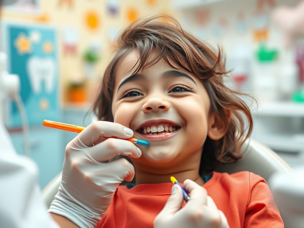 A close-up shot of a happy child, around 6 years old, sitting in a dental chair with a bright smile during a dental cleaning. The child shows no signs of discomfort, and a friendly dental hygienist is gently working on their teeth, using colorful dental tools. The background is bright and welcoming, featuring cheerful colors and dental-themed decorations, creating an inviting atmosphere. The image should be rendered in hyper-realistic style with a focus on the child's joyful expression, shot with a 45mm f/1