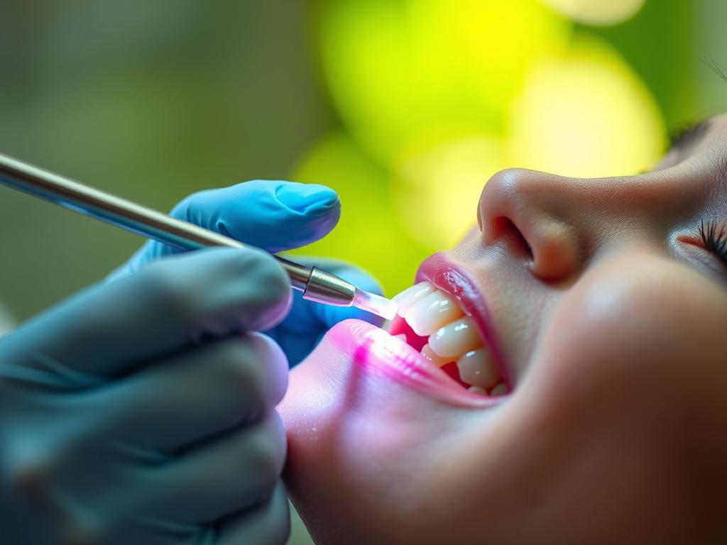 A hyper-realistic close-up photo of a dentist applying dental bonding resin to a patient's tooth. The image focuses on the dentist's hand holding a dental instrument carefully placing the bonding material on a front tooth. The background is softly blurred, emphasizing the procedure. The lighting highlights the natural texture and color of the tooth and resin, shot with a 45mm f/1.2 lens style. The overall tone complements the rgb(50, 170, 39) primary color with subtle green hues in the background.