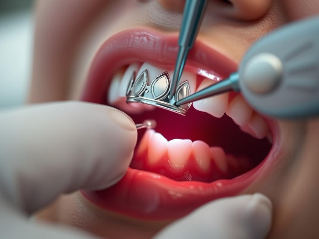 A hyper-realistic close-up shot of a dental crown being placed on a tooth inside a patient's mouth, captured with a 45mm f/1.2 lens style. The image features a single subject focusing on the dental procedure with clear details of the crown and surrounding teeth. The background is softly blurred with a subtle hint of rgb(50, 170, 39) to complement the primary color of Belle Mead Dental.