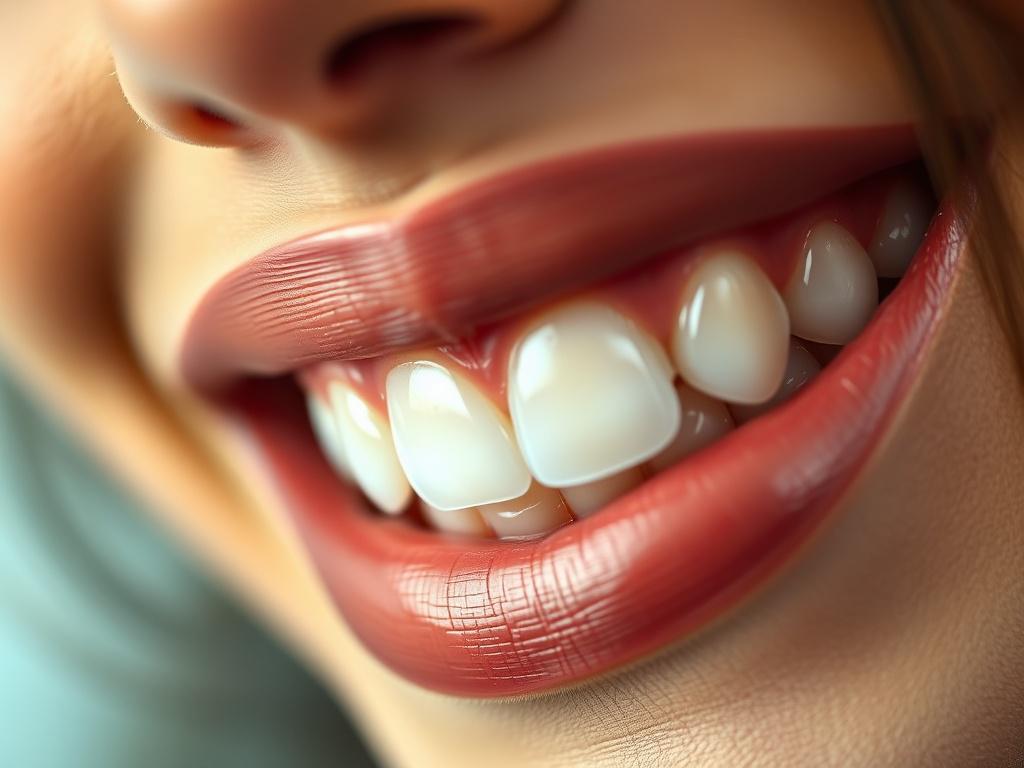 A close-up of a smiling person's mouth showcasing perfect teeth with dental veneers. The image is hyper-realistic, high-resolution, shot with a 45mm f/1.2 lens style. The background is softly blurred with a hint of rgb(50, 170, 39) to complement the dental work.