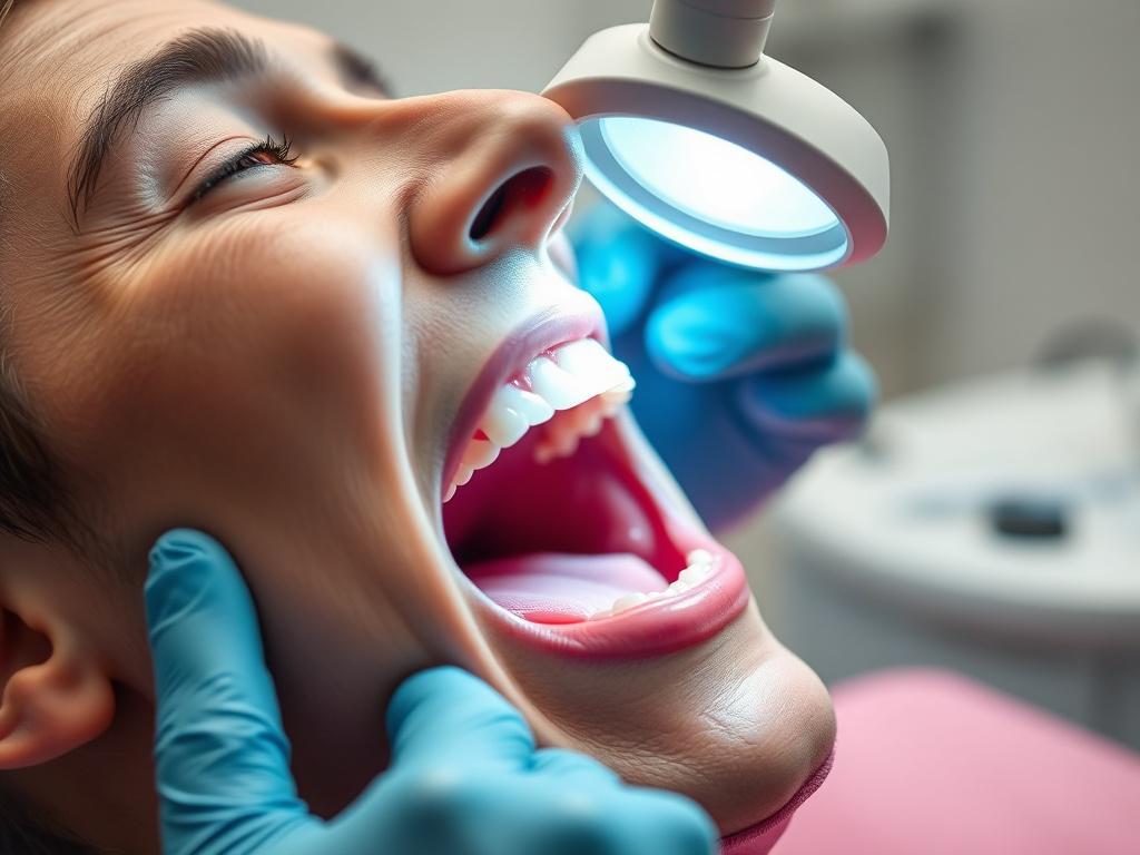 A close-up, hyper-realistic photo of a dental professional performing an oral cancer screening on a patient. The focus is on the patient's open mouth, illuminated by a dental light, showing detailed inspection of the oral cavity. The background is clean and clinical, softly blurred to highlight the examination. The image uses a 45mm f/1.2 lens style, with colors compatible with rgb(50, 170, 39), emphasizing a professional and caring atmosphere.