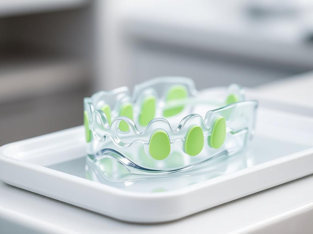 A realistic high-resolution close-up photo of a mandibular advancement device designed for dental use, placed on a clean white dental tray. The device is clear with subtle green accents matching rgb(50, 170, 39). The background is softly blurred to emphasize the device, shot with a 45mm f/1.2 lens style to create a sharp focus on the intricate details of the device, showcasing its craftsmanship and comfort features.