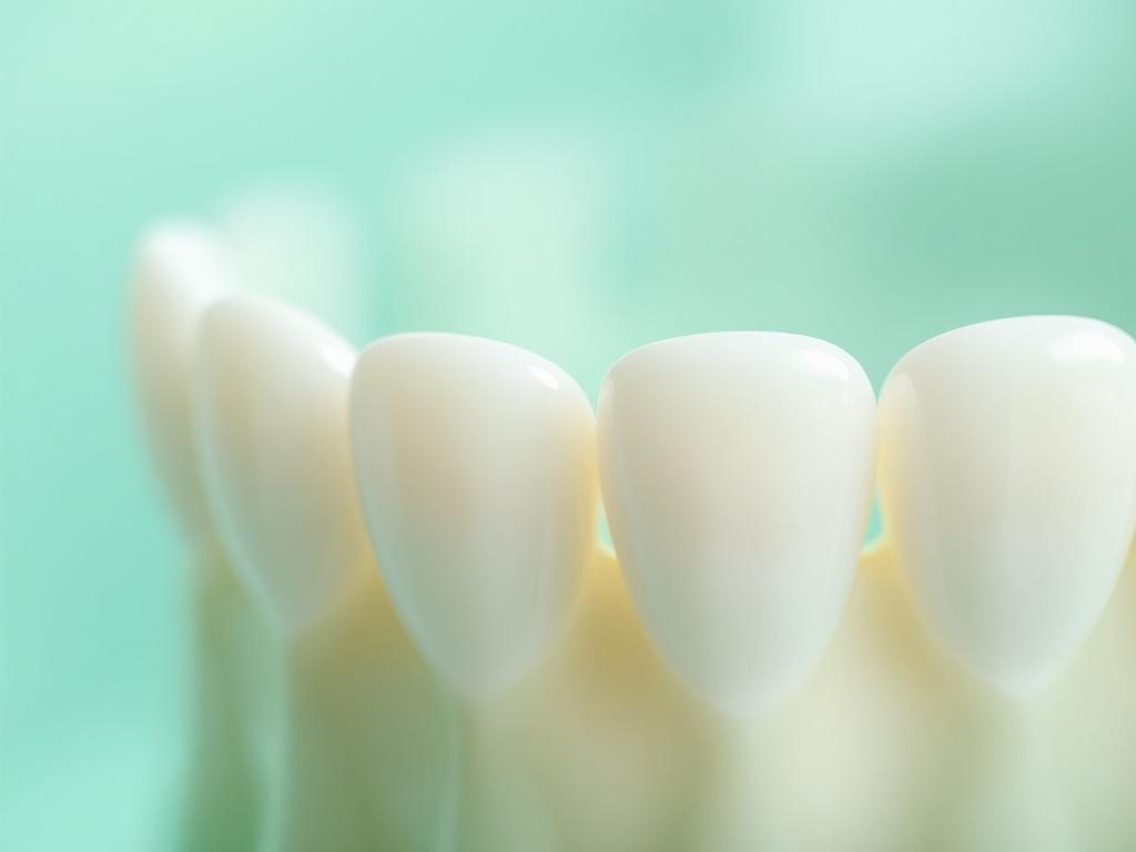 A hyper-realistic close-up shot of clean, healthy teeth with a natural shine, captured with a 45mm f/1.2 lens style. The focus is sharp on the teeth, showing smooth enamel and a bright, fresh appearance. The background is softly blurred with subtle hints of the rgb(50, 170, 39) green color, complementing the clean dental theme. The composition is simple and clear with the teeth as the sole subject, symbolizing dental cleanliness and care.