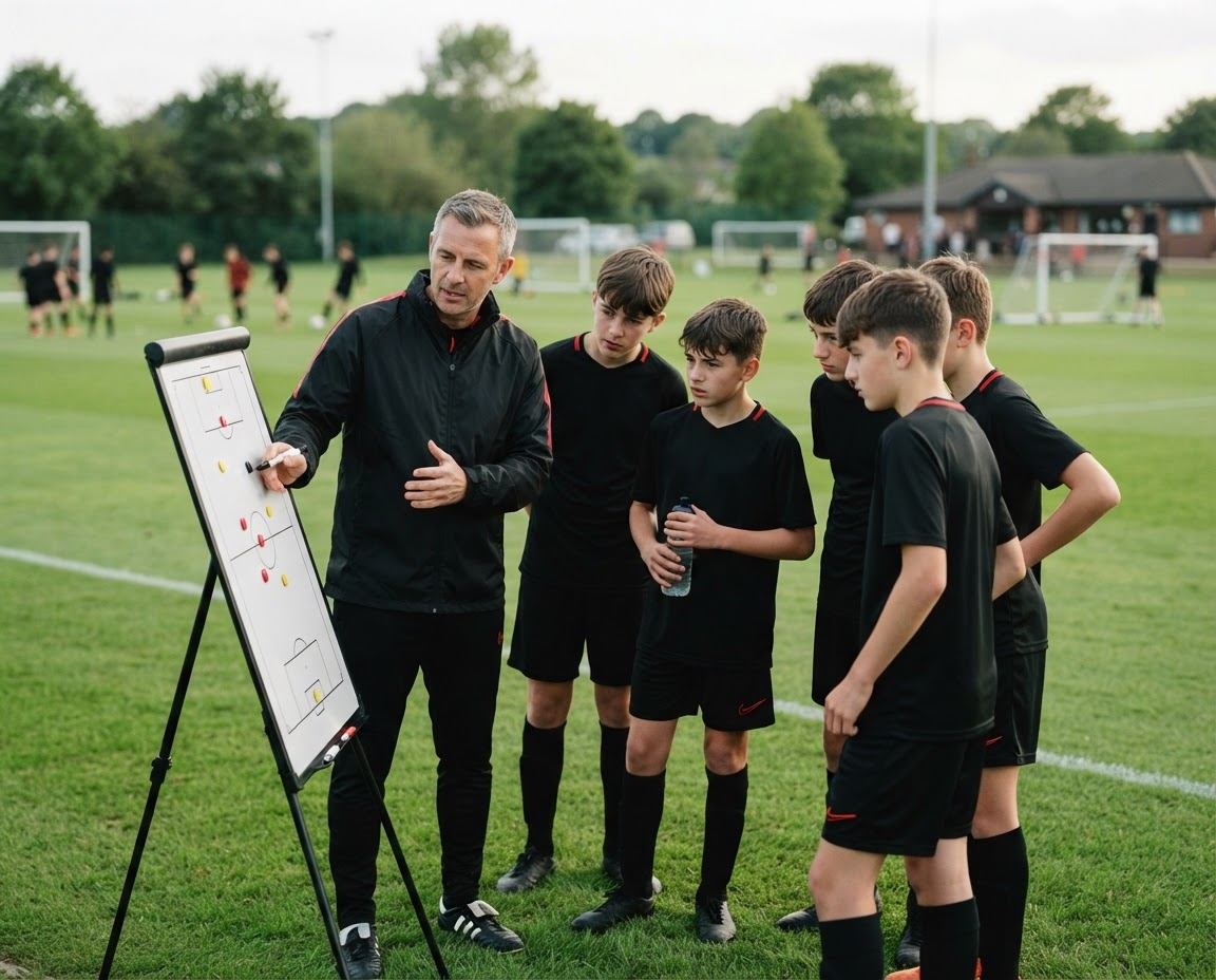 Coach sharing tactics and ideas with young football players