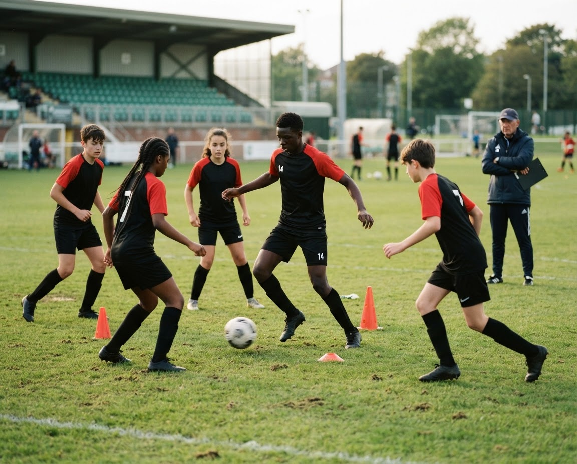 Young footballers working through a technical training drill