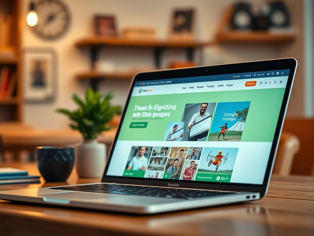 A hyper-realistic close-up shot of a modern and sleek website design on a laptop screen, showcasing vibrant colors and engaging visuals. The laptop is placed on a wooden desk with a blurred background of a cozy workspace. The focus is on the website interface, highlighting its user-friendly layout and appealing graphics, with a warm and inviting atmosphere. The color palette includes shades of green, aligning with the primary color rgb(50, 170, 39). Shot with a 45mm f/1.2 lens for a sharp foreground and bea