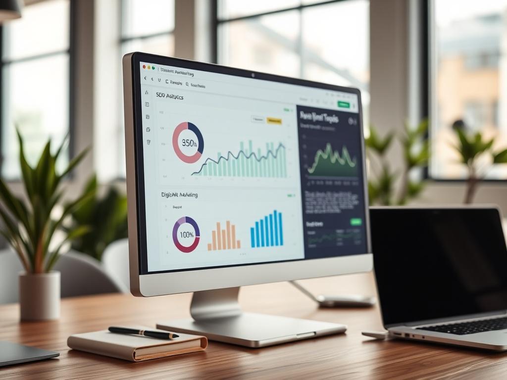 A close-up shot of a computer screen displaying SEO analytics and a digital marketing dashboard. The background is a modern office setting, featuring a desk with a notebook and a laptop. The lighting is bright and inviting, highlighting the details on the screen. The composition is simple, focusing on the screen and the workspace, with a hint of greenery in the background for a fresh look.