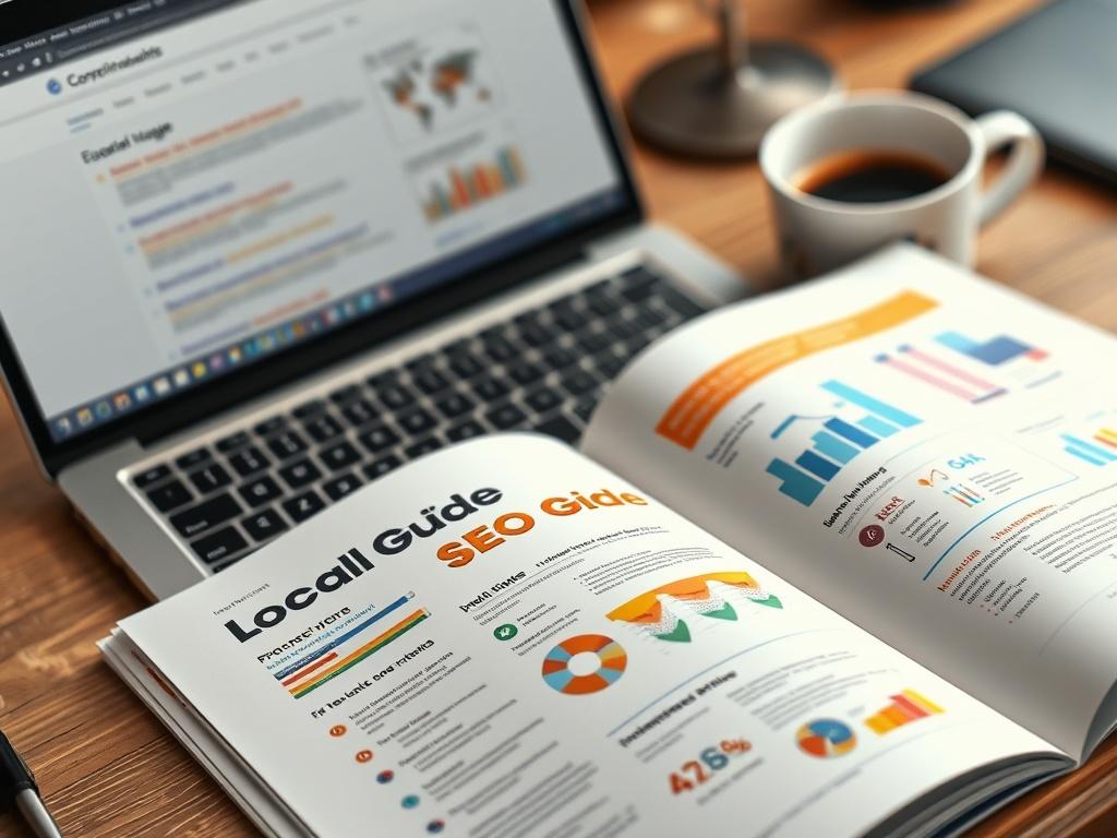A hyper-realistic close-up of an open Local SEO Guide on a desk. The guide features vibrant infographics and charts, alongside a laptop displaying a search engine results page. A coffee cup sits beside the guide, creating a cozy work environment.