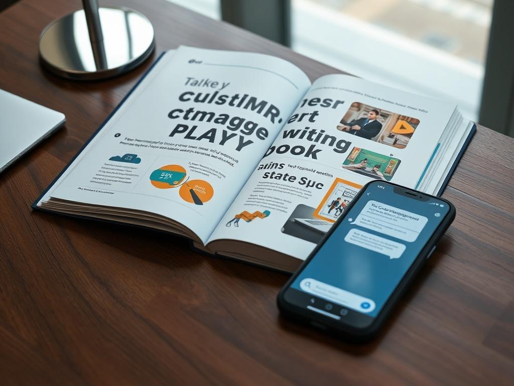A hyper-realistic close-up of the Customer Engagement Playbook opened on a stylish desk. The playbook includes engaging visuals and notes. A smartphone displaying a messaging app is nearby, emphasizing the theme of communication.