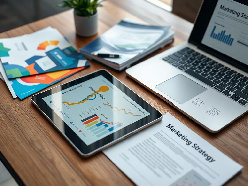 A hyper-realistic close-up shot of a digital marketing toolkit laid out on a wooden desk. The toolkit includes colorful brochures, a tablet showing marketing analytics, and a laptop with a marketing strategy document. Natural light softly illuminates the scene, enhancing the details of the materials.