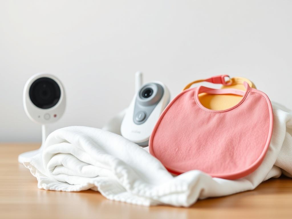 A realistic high-resolution photo of essential baby care accessories displayed neatly. The image should include a baby monitor, a soft cotton blanket, and a set of colorful bibs. The background should be softly blurred to keep the focus on the items, with gentle lighting enhancing the comforting vibe of the scene.