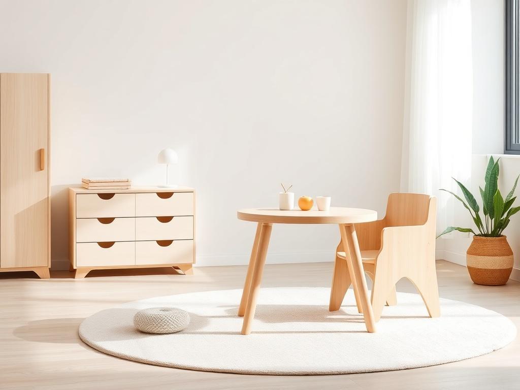 A realistic high-resolution photo of a stylish children's furniture set, including a small table and chair designed for kids. The furniture should be made of light wood with smooth edges, placed on a soft rug in a minimalist nursery. Natural light should illuminate the scene, emphasizing the cozy and functional design.