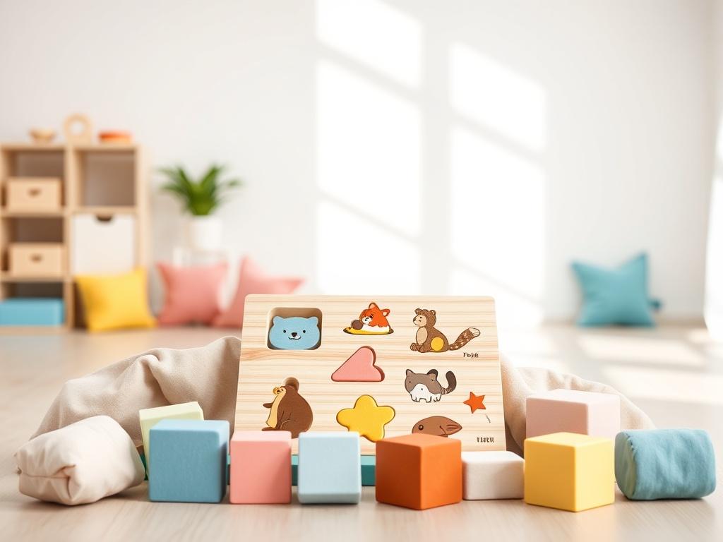 A realistic high-resolution photo of a colorful educational toy set for children. The composition should feature a wooden puzzle with various shapes, surrounded by soft fabric blocks in pastel colors. The background should be a clean, minimalistic playroom with natural light shining in, creating a warm and inviting atmosphere.