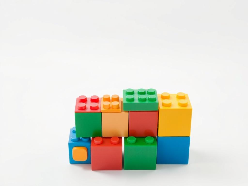 A high-resolution image of a colorful set of educational building blocks arranged neatly on a clean, white surface. The composition should focus solely on the blocks, showcasing their vibrant colors and shapes. The background should be simple and uncluttered, emphasizing the educational aspect of the toys.