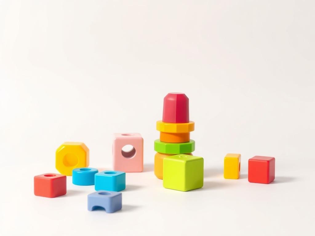 A realistic high-resolution photo of a colorful stacking toy for toddlers, featuring various shapes and bright colors. The toy should be the only subject in the image, placed on a simple, clean background with minimal distractions. The composition should emphasize the toy's design and vibrant colors, showcasing its child-friendly features.