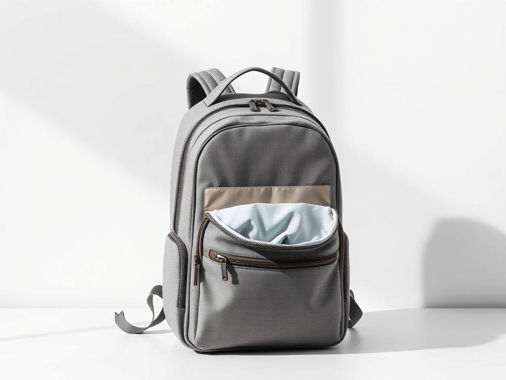 A high-resolution image of a stylish diaper backpack placed on a clean, minimalistic surface. The backpack should be the only focus, showcasing its compartments and design. The background should be simple, highlighting the backpack's functionality and modern style.