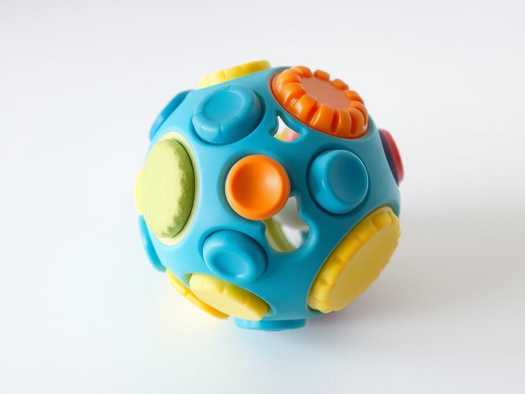 A realistic high-resolution photo of a sensory ball designed for infants, featuring various textures and bright colors. The ball should be the only subject in the image, placed on a clean, simple background. The composition should highlight the ball's tactile features and visually engaging design, making it appealing to parents.