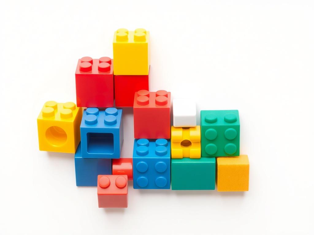 A realistic high-resolution photo of colorful building blocks for children, showing various shapes and sizes. The blocks should be the only subject in the image, arranged playfully on a clean, simple background. The composition should emphasize the blocks' vibrant colors and potential for creative play.