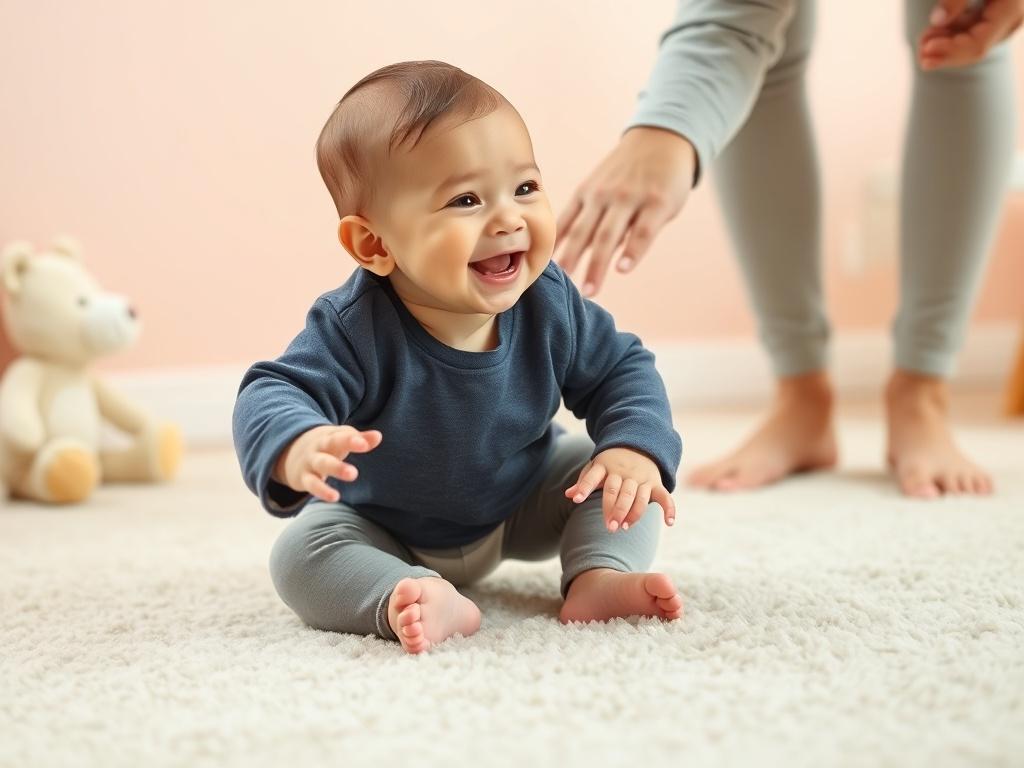 A close-up of a baby taking their first steps on a soft carpet. The baby is laughing and reaching out to a parent who is encouraging them. The background features soft pastel colors, with plush toys in the distance, creating a warm and inviting atmosphere. The focus is on the baby's excited expression and the supportive parent, capturing the essence of early childhood moments.