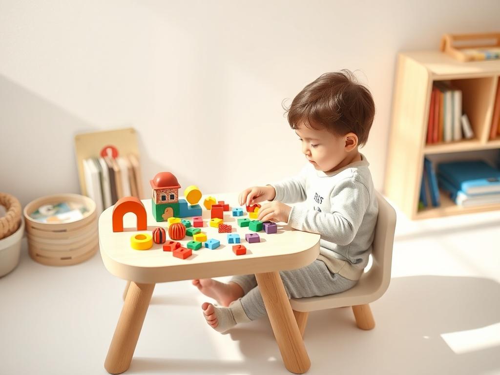 A child sitting at a small table, engaged with a set of colorful educational toys. The child is focused on a puzzle, piecing together shapes with concentration. The table is surrounded by books and other learning materials, and the room is bright, promoting a sense of curiosity and learning. The image captures the joy of discovery and the importance of play in education.