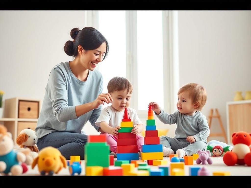 A mother and child playing together with colorful toys in a bright, cheerful room. The mother is smiling as she shows the child how to stack blocks. The room is filled with soft light coming from a window, and there are various toys scattered around, including plush animals and building blocks. The background is simple and uncluttered, focusing on the joyful interaction between the mother and child.