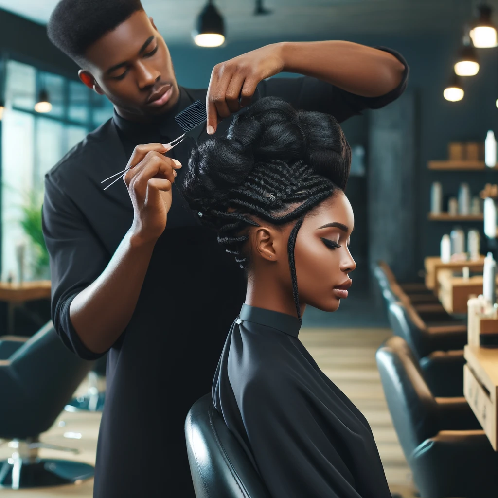 dall·e 2024-04-30 08.47.14 - create a highly realistic image of a black hairstylist working on an elaborate hairstyle for a black client in a luxurious hair salon. the setting sho.webp