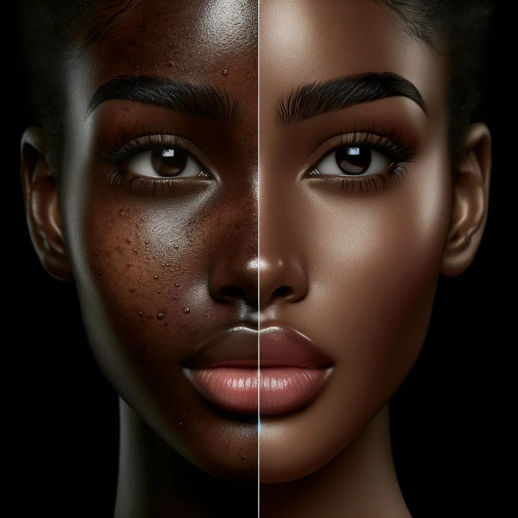 dall·e 2024-04-30 06.38.47 - a realistic before-and-after image showcasing the effectiveness of a skincare product on black skin. the left side should show the skin before applica.jpg