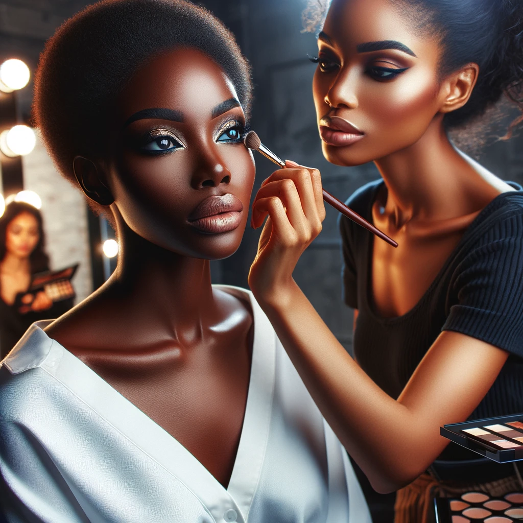 dall·e 2024-04-30 08.46.04 - create a highly realistic image of a black woman sitting in a professional makeup studio while another black woman, a makeup artist, is applying detai.webp