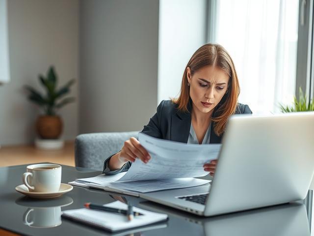 **Prompt for AI Image Generator:**

Create a realistic high-resolution photo focusing on a professional setting that reflects the theme of audit reports and financial vigilance. The composition should feature a single subject: a well-dressed businesswoman sitting at a sleek, modern desk with a laptop open in front of her. She is intently examining documents with a concerned expression, conveying urgency and insight into the potential issues highlighted in the audit report. 

The background should be a softl