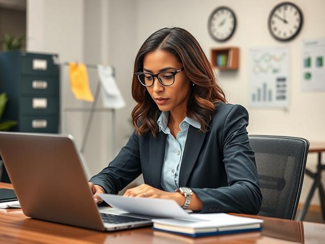 Create a realistic high-resolution photo that captures the essence of a blog titled "Your Audit Response Is Too Slow (And It's Costing You)." The composition should be simple and clear, featuring a single subject: a professional-looking individual in business attire (preferably a diverse female financial analyst) sitting at a modern office desk. She should be intently reviewing audit documentation and typing on a laptop, with a focused expression that conveys urgency and professionalism. 

In the background