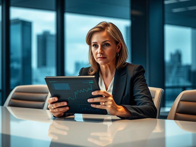 Create a realistic high-resolution photo that captures the theme of cybersecurity awareness in a corporate environment. The image should feature a single subject: a confident, mid-aged executive woman sitting at a sleek, modern conference table. She should be engaged in a serious discussion, holding a digital tablet displaying cybersecurity data analytics, with a focused expression that reflects the urgency of having critical conversations about cybersecurity.

The background should be minimalistic, showcas