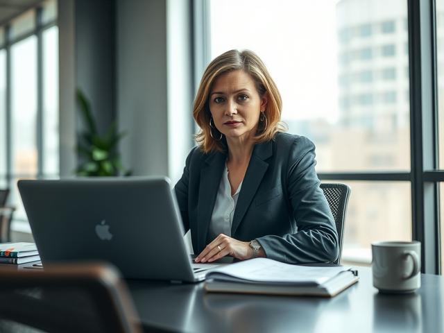 Create a hyper-realistic high-resolution image that captures the essence of a blog titled "What DC Firms Get Wrong About NIST Assessments." 

**Composition:** The image should feature a single, focused subject—a professional consultant seated at a modern office desk, immersed in deep thought. 

**Subject Matter:** The consultant is a middle-aged woman with a focused expression, wearing business attire (a smart blazer). She should be surrounded by office tools directly related to her work on NIST assessments