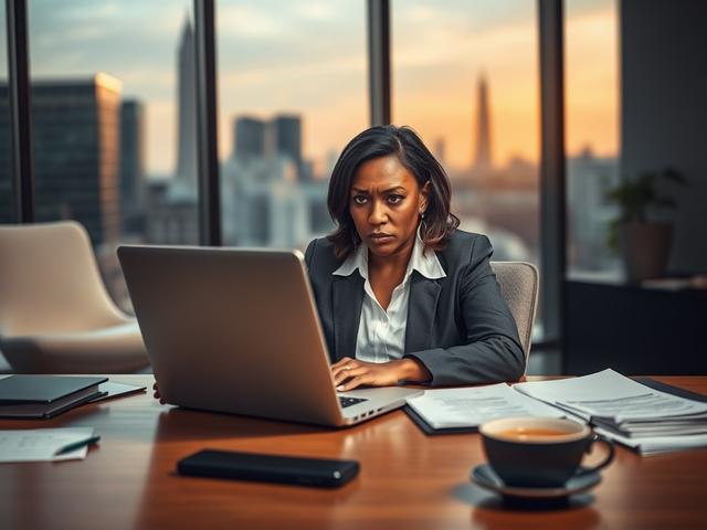 Create a hyper-realistic high-resolution image that represents the concept of the gap between managed IT services and true cybersecurity protections for professional firms in Washington, D.C. The main subject should be a worried business professional, featuring a middle-aged African American woman dressed in business attire, sitting at a modern office desk. She should have a concerned expression, staring at a laptop screen displaying security alerts or warning signs, emphasizing the urgency of cybersecurity