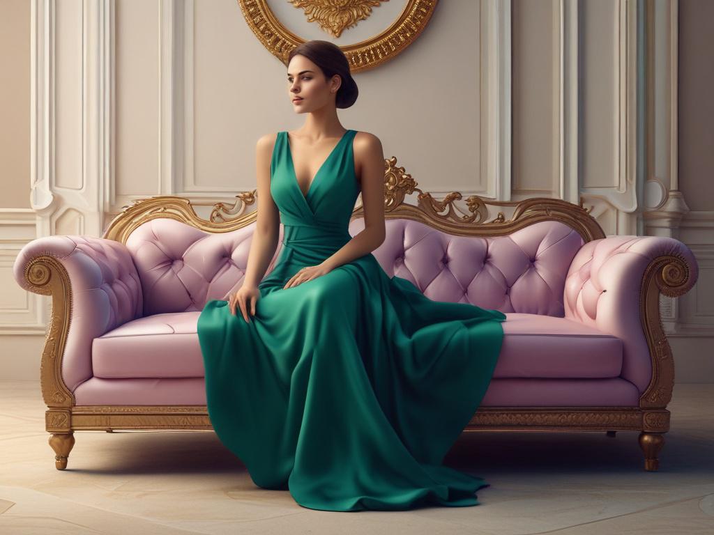 A stunning, elegant woman in a sophisticated dress sitting on