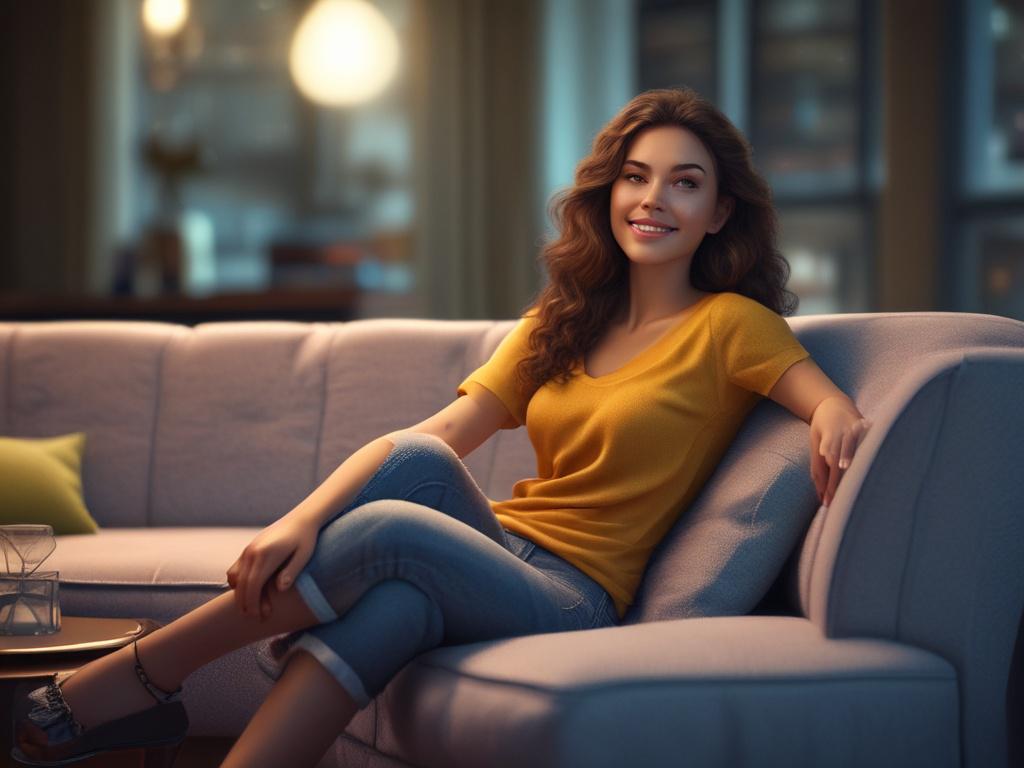 A beautiful young woman in stylish casual attire, sitting on