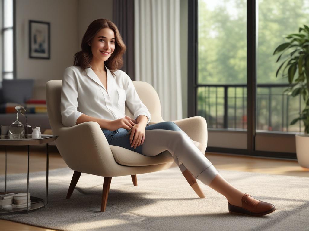 A sophisticated woman in casual yet elegant attire, sitting comfortably