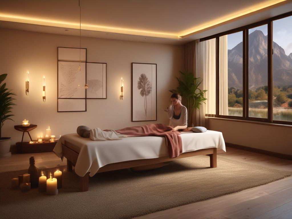 A serene and inviting massage room, softly lit with candles