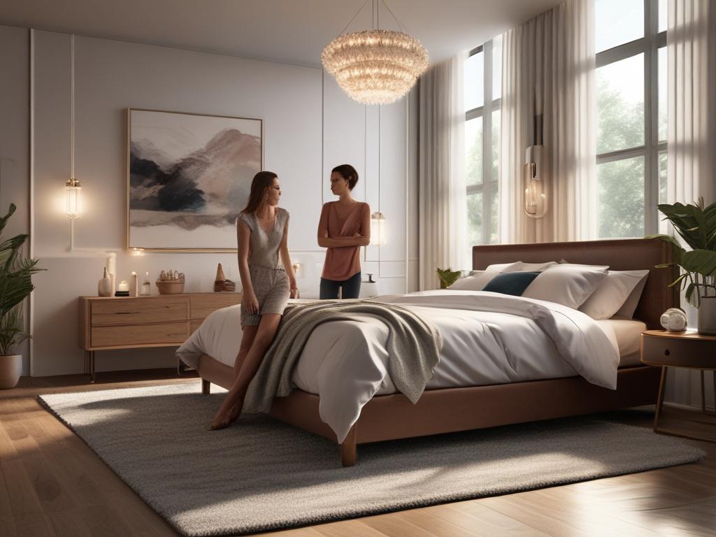 A captivating scene in a luxurious bedroom, featuring two beautiful