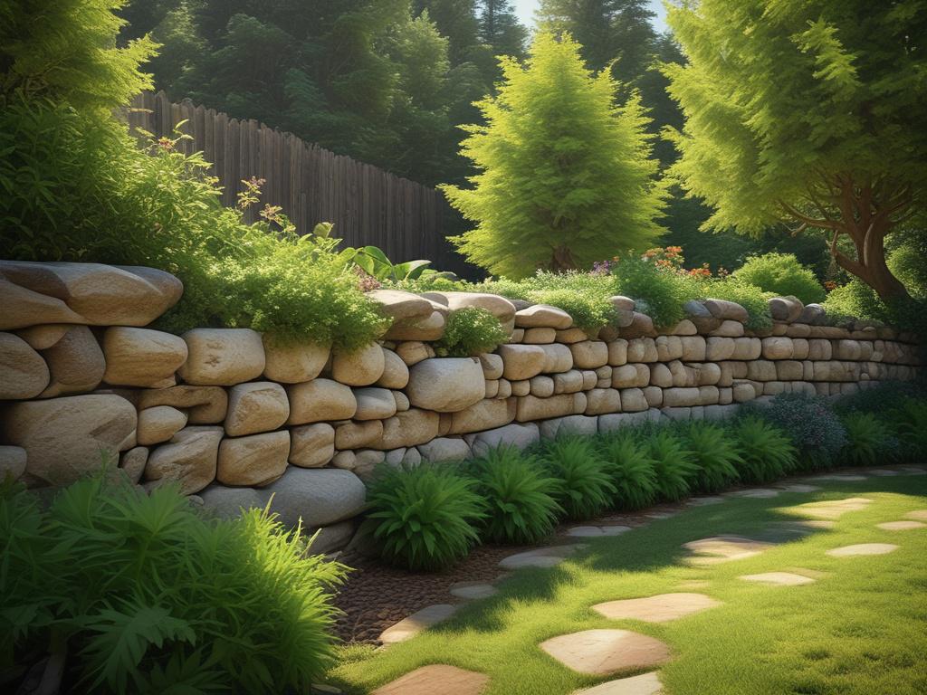 A beautifully constructed stone retaining wall in a vibrant garden setting. The image should showcase the wall as the focal point, with lush green plants and flowers in the background, creating a harmonious blend of nature and craftsmanship. The lighting should be warm and inviting, highlighting the earthy textures of the stone and the greenery around it. The overall composition should evoke a sense of tranquility and well-being, with natural tones that complement the rgb(50, 170, 39) color scheme.