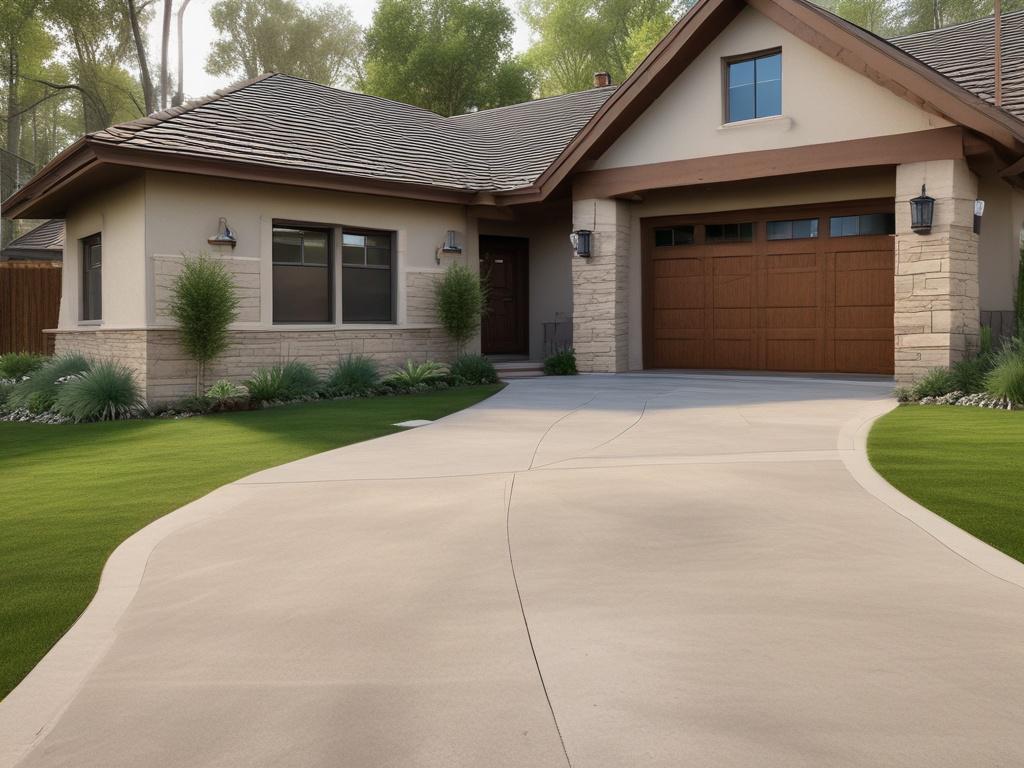 A realistic high-resolution image of a beautifully designed concrete driveway leading to a home, showcasing a smooth finish and earthy tones. The driveway is framed by lush green grass and bordered by natural stone landscaping. The background features a clear blue sky and a few fluffy clouds, emphasizing a bright and inviting outdoor atmosphere.