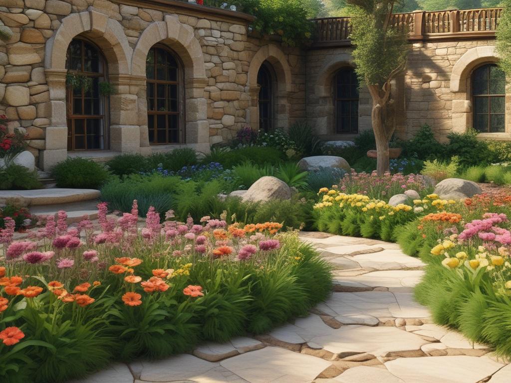 A beautifully designed landscape featuring a lush green garden with vibrant flowers, elegant pathways, and rustic stone features. The scene should evoke a sense of tranquility and harmony with nature, showcasing a mix of colorful plants and earthy textures. The background should include a clear blue sky and soft sunlight, enhancing the natural beauty of the landscape.