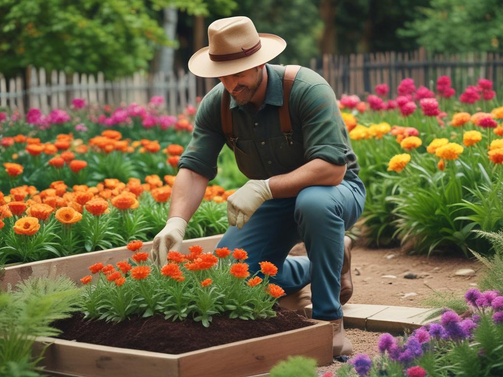 A skilled landscaper carefully planting vibrant flowers in a well