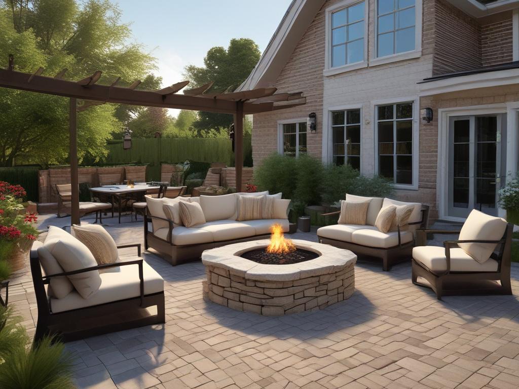 A beautifully designed patio with interlocking pavers, surrounded by elegant