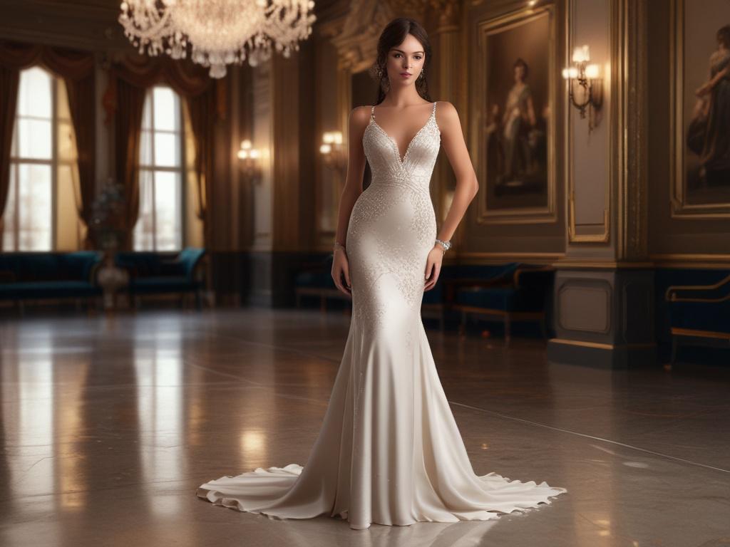 A stunning woman in an elegant evening gown, standing confidently