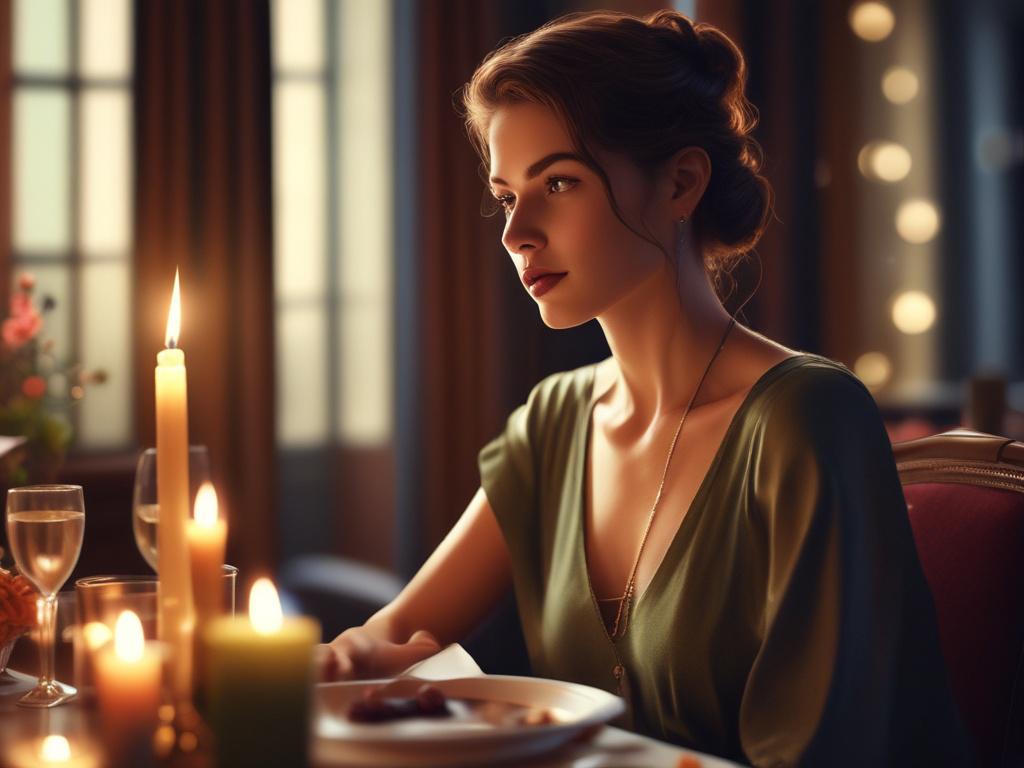 A sophisticated woman sitting elegantly at a candlelit dinner table,