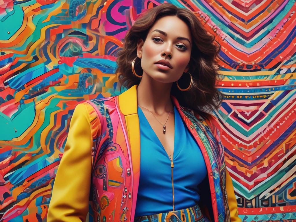 A high-resolution, photorealistic image of a woman wearing a stylish, personalized outfit. The outfit should be colorful and modern, showcasing bold patterns. The background should be minimalistic with clean lines, highlighting the outfit. Use vibrant colors that complement the #FF6E4E color scheme.
