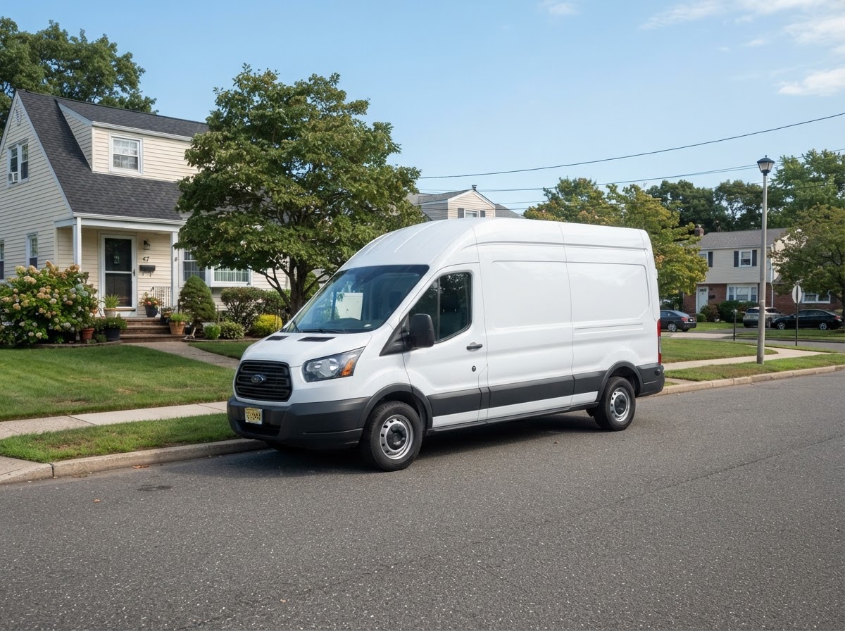 A clean cargo van parked outside a home, ready for a move or delivery